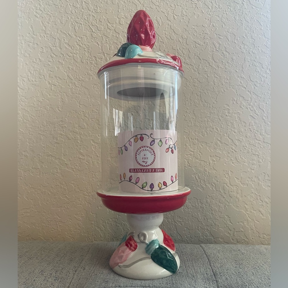 Peppermint And Pine Christmas Lights Red Glass Candy Jar 13in NEW